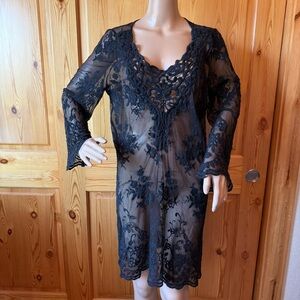 XCVI Black Lace Mesh Tunic Top L Sheer Bell Sleeves Whimsigoth Dark Romantic